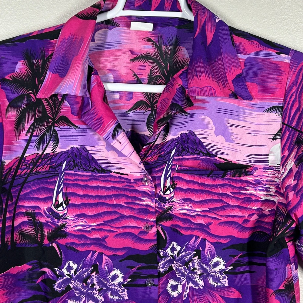 King Kameha Hawaiian Shirt Mens Large Purple Pink Tropical Sunset Terivoile EXCL